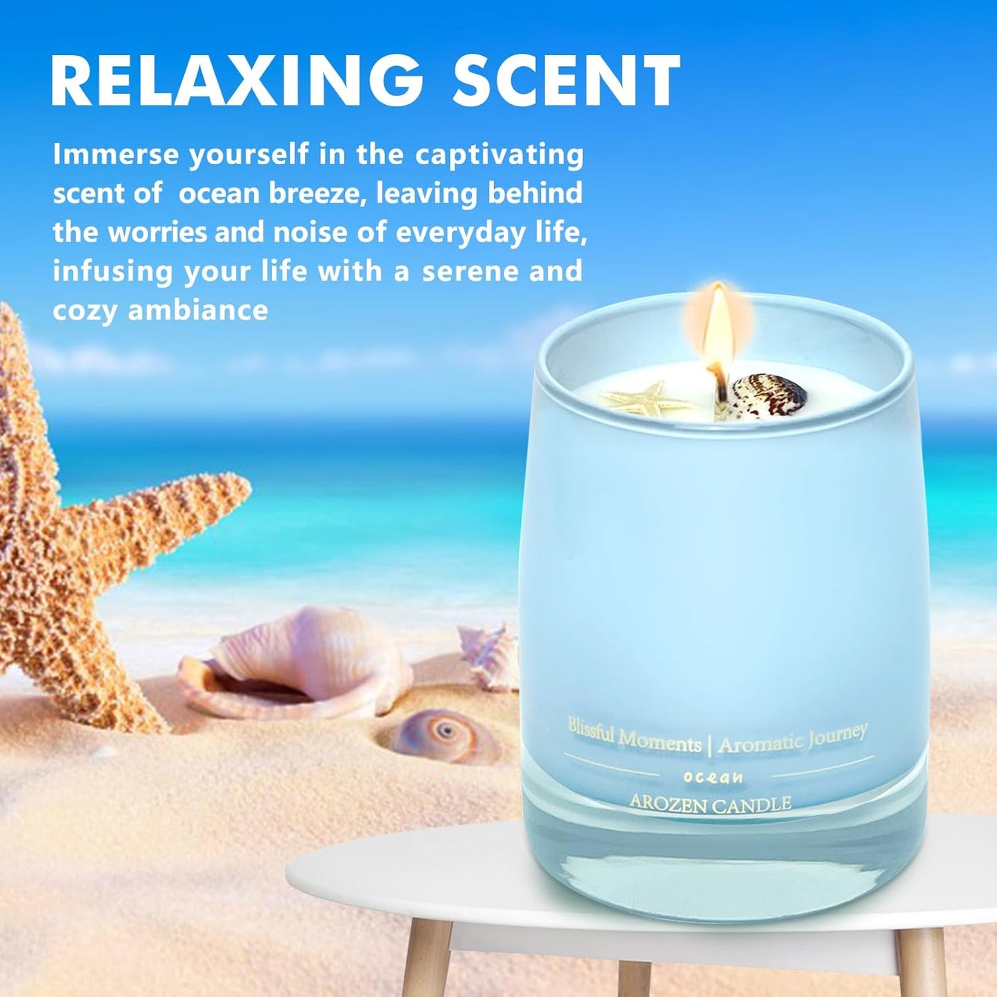 Ocean Scented Candles Gift for Women-10Oz Aromatherapy Sea Beach Soy Candles for Home Scented with Healing Crystal Inside-55H Burn Gifts for Christmas, Birthday, Women, Holiday