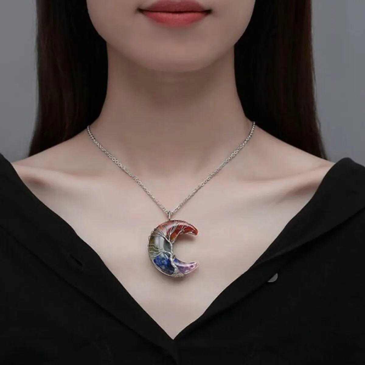 Tree of Life Necklace Wire Wrapped Crescent Moon Stone Pendant Necklaces 7 Chakra Healing Crystal Necklace for Stress Reduction