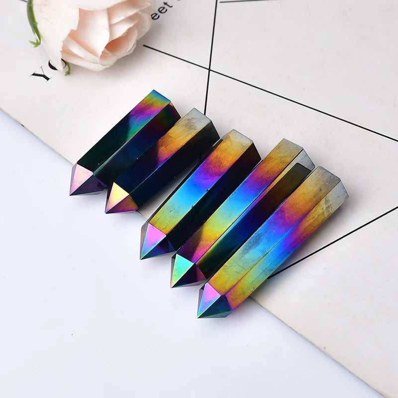 1PC Natural Aura Obsidian Crystal Point Electroplating Wand Healing Stone Energy White Quartz Home Decoration Reiki Tower Gifts