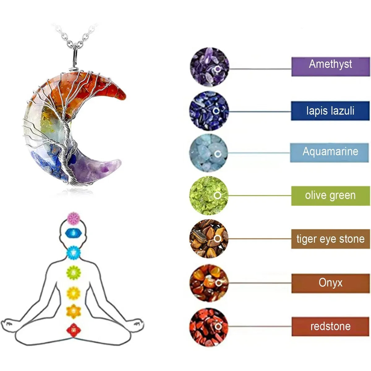 Tree of Life Necklace Wire Wrapped Crescent Moon Stone Pendant Necklaces 7 Chakra Healing Crystal Necklace for Stress Reduction