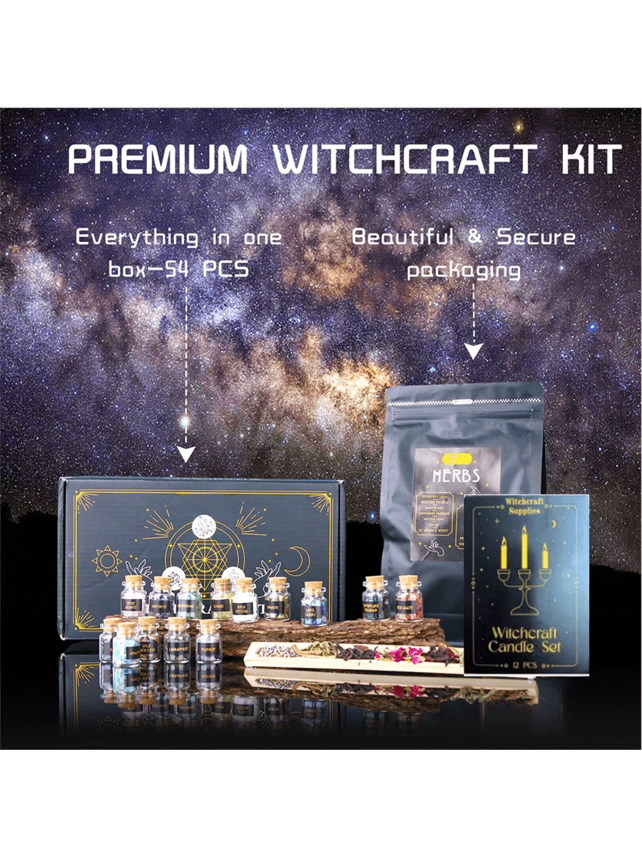 54Pcs Craft Supplies Kit for Altar Spell Candles for Ches Crystal Spell Jars for Es Herbs for Spells Beginner Kit Box Craft Kit Starter Kit