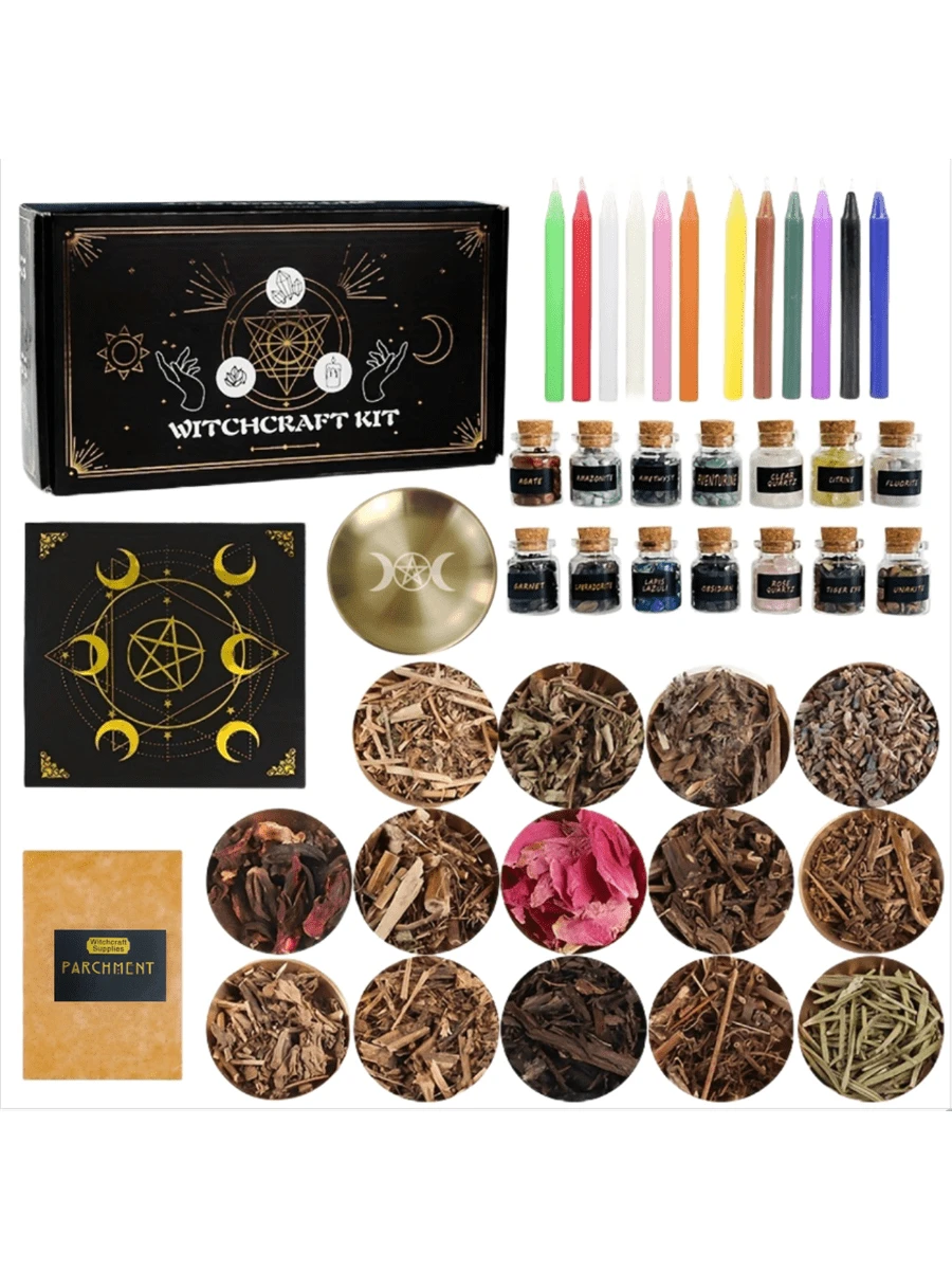 54Pcs Craft Supplies Kit for Altar Spell Candles for Ches Crystal Spell Jars for Es Herbs for Spells Beginner Kit Box Craft Kit Starter Kit
