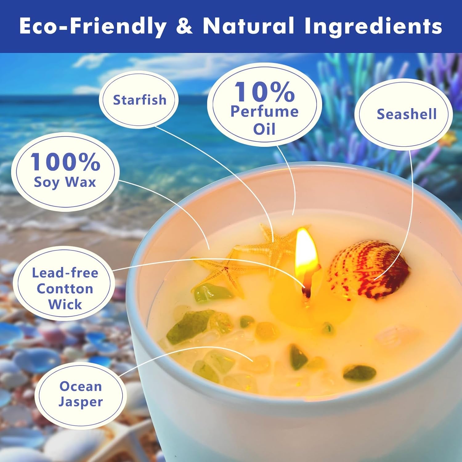 Ocean Scented Candles Gift for Women-10Oz Aromatherapy Sea Beach Soy Candles for Home Scented with Healing Crystal Inside-55H Burn Gifts for Christmas, Birthday, Women, Holiday