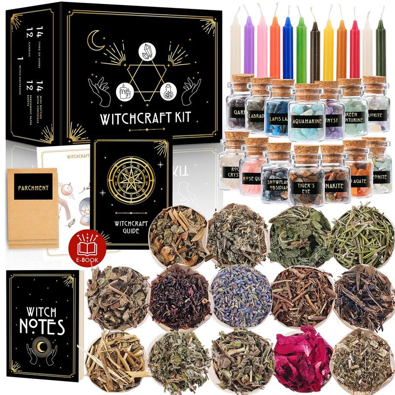 Witchcraft Supplies Kit for Spells, 56 PCS Witch Box Include Dried Herb Crystal Candles Amethyst Cluster Parchment, Wiccan Supplies and Tools, Beginner Witchcraft Kit Witch Stuff