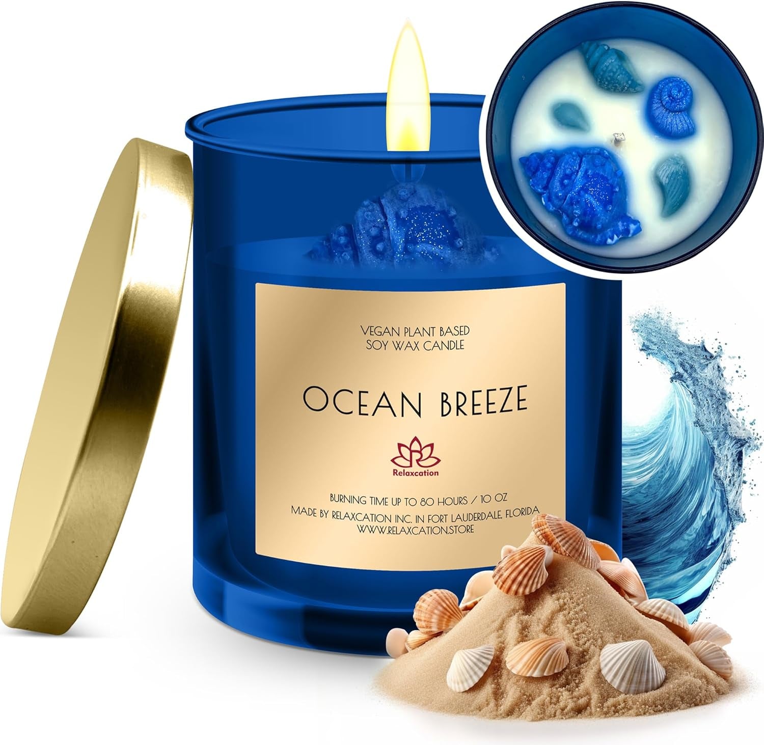 Organic Soy Wax Candle in Big Glass Jar | Luxury Ocean Breeze Scented Soy Candles | Fresh and Clean Aromatherapy | Long Burning 80 Hours | Giftable Box | 10Oz