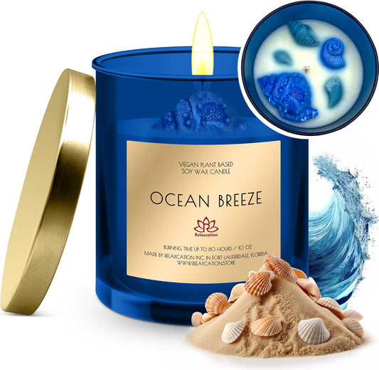 Organic Soy Wax Candle in Big Glass Jar | Luxury Ocean Breeze Scented Soy Candles | Fresh and Clean Aromatherapy | Long Burning 80 Hours | Giftable Box | 10Oz