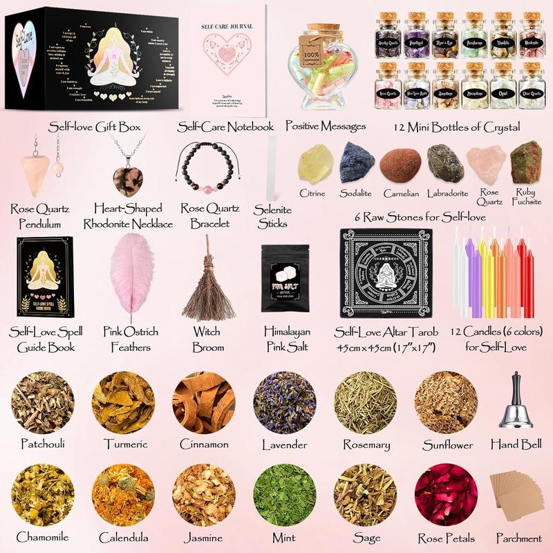 Self-Love Ritual Kit 75-Pack with 30+ Positive-Message Capsule Bottles, Self-Love Spell Kit with Self-Care Journal Workbook Witchy Gifts for Women