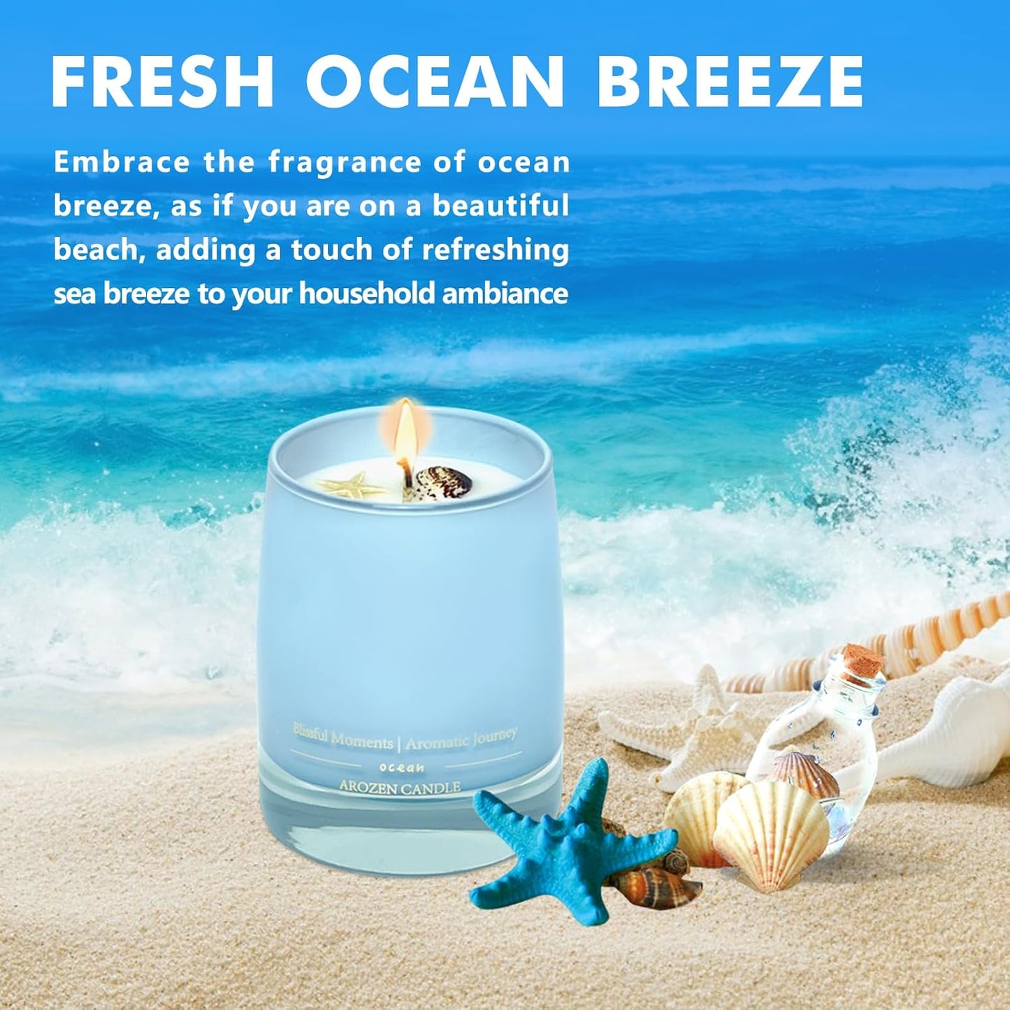Ocean Scented Candles Gift for Women-10Oz Aromatherapy Sea Beach Soy Candles for Home Scented with Healing Crystal Inside-55H Burn Gifts for Christmas, Birthday, Women, Holiday