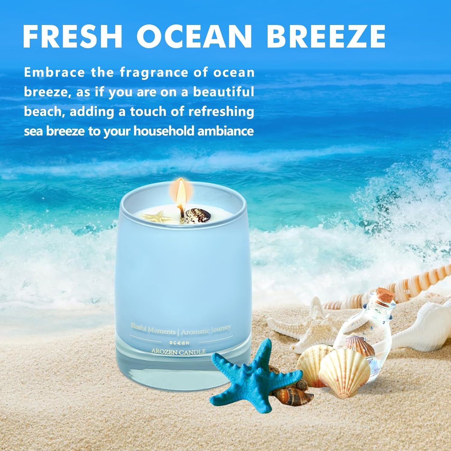 Ocean Scented Candles Gift for Women-10Oz Aromatherapy Sea Beach Soy Candles for Home Scented with Healing Crystal Inside-55H Burn Gifts for Christmas, Birthday, Women, Holiday