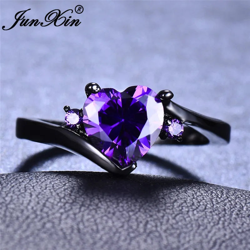 Rainbow Zircon Heart Rings for Women Retro Gold/Black Gold Filled Purple Blue White Crystal Stone Ring Female Wedding CZ Jewelry