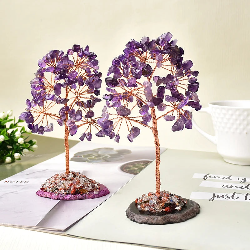 Natural Crystal Tree Amethyst Rose Quartz Olivine Lucky Tree Decor Agate Slices Gravle Stone Mineral Ornaments Home Decor Gifts