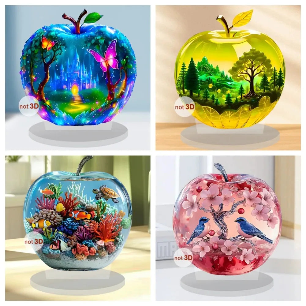 2D Crystal Apple Figurine Paperweight, Clear Apple Collectible Figurines Crafts, Home Office Handmade Statue Ornament Decoration