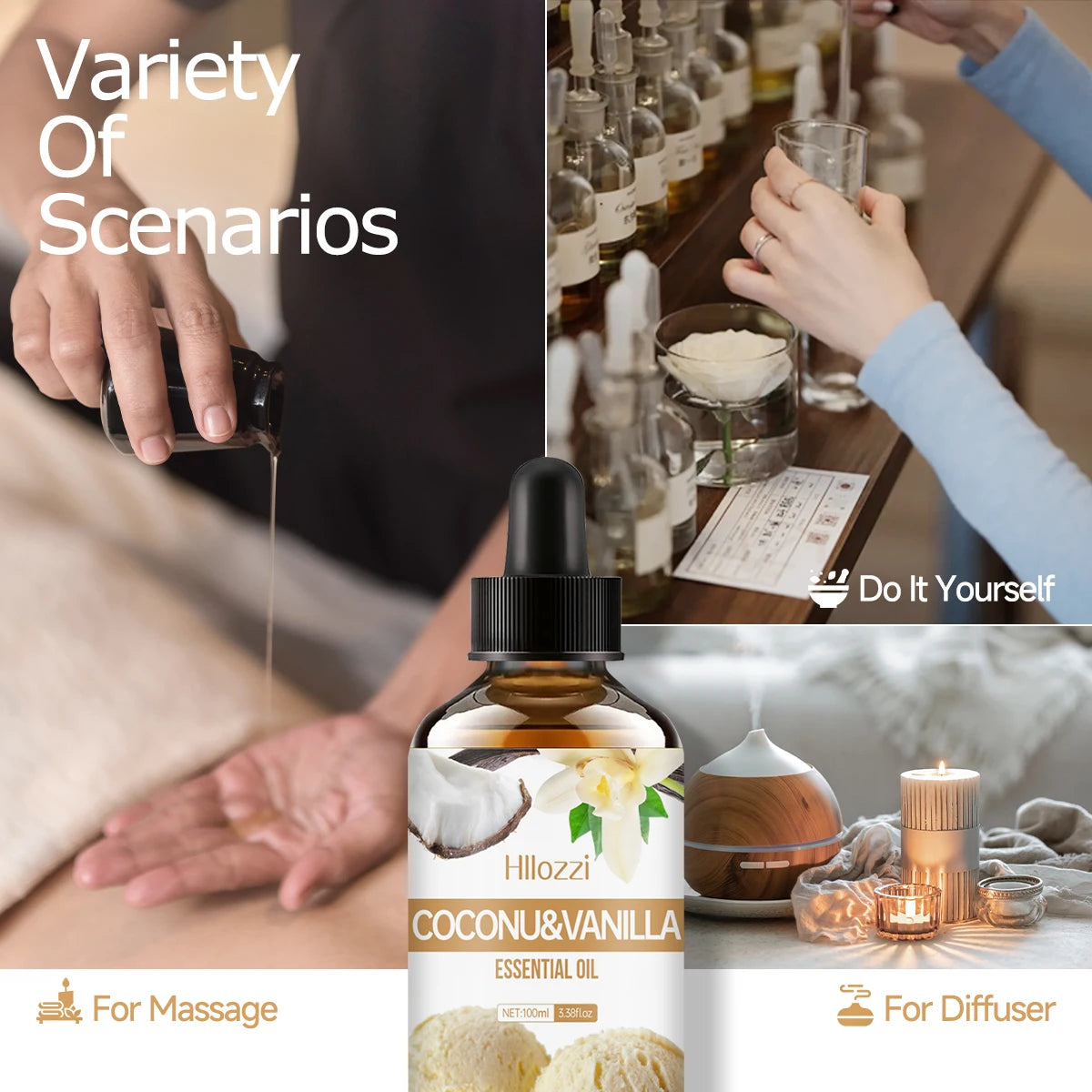 Coconut & Vanilla Essential Oils Can Be Used for Body Massage, DIY Candle and Soap Making, Long Lasting Fragrance, Alcohol Free.