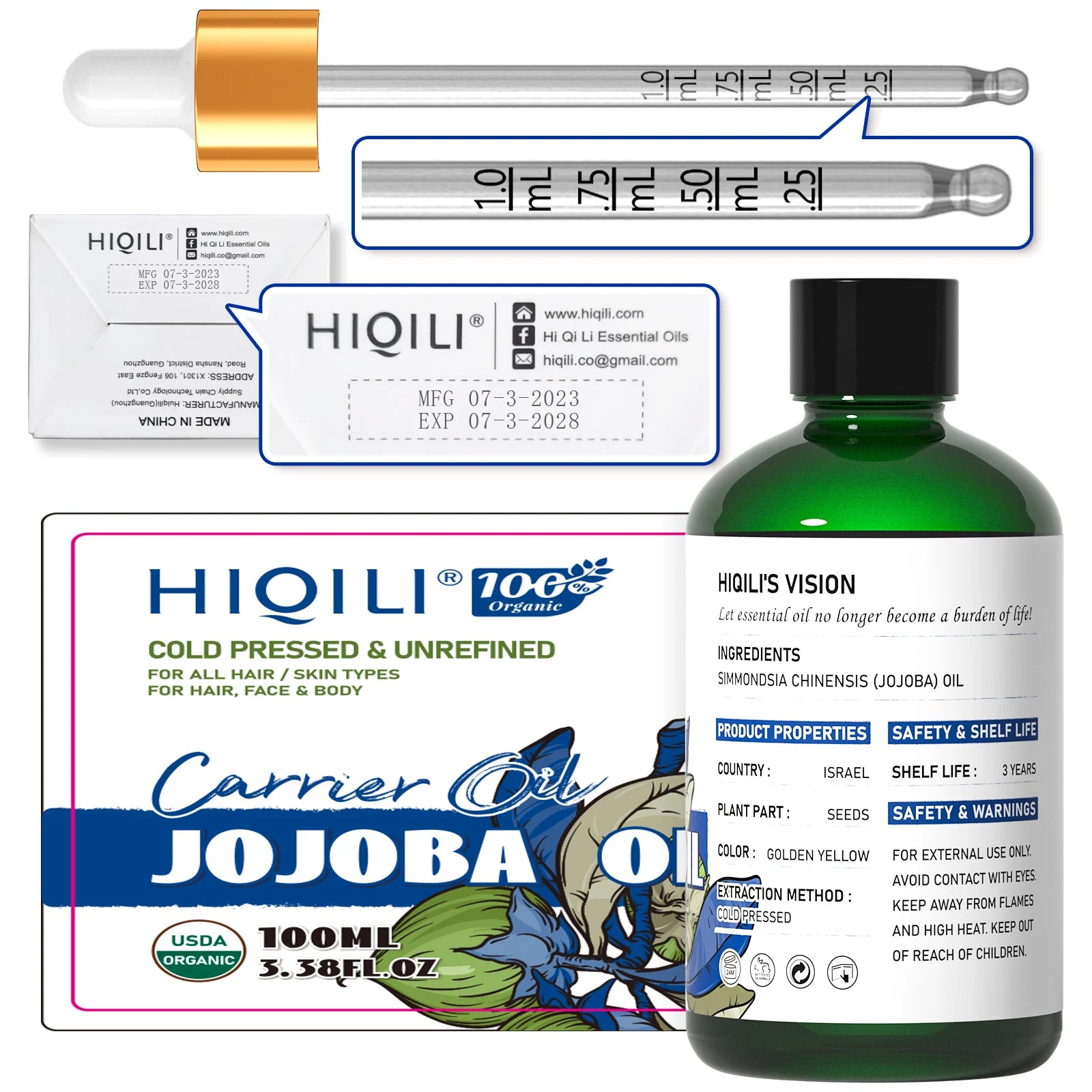 Pure Jojoba Carrier Oil,100Ml Cold Pressed Unrefined Essential Oils for Mixing, Hair Care, Face, Nails, Massage