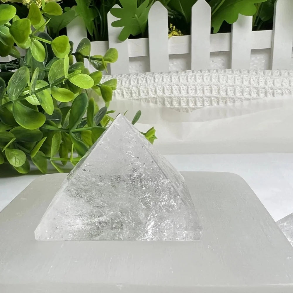 3-4CM Natural White Crystal & Obsidian Pyramid Reiki Healing Handmade Polished Gemstone Clear Quartz Pyramid Home Decor Gift