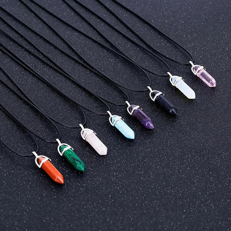 2025 Hexagonal Column Quartz Necklaces Turquoises Pink Crystal Pendent Necklace for Women Chain Natural Stone Choker Jewelry