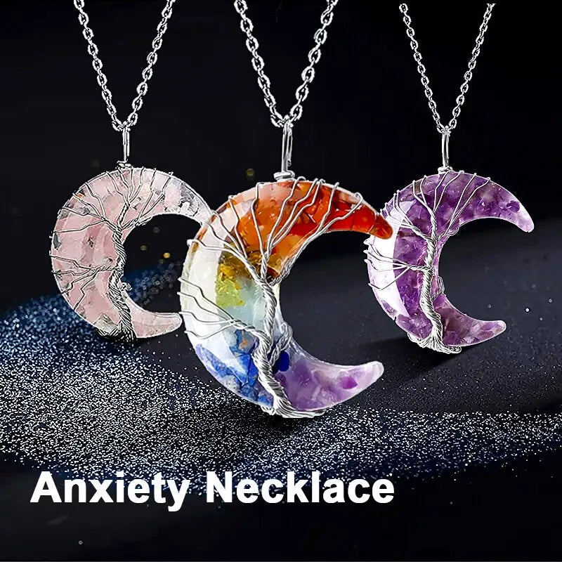 Tree of Life Necklace Wire Wrapped Crescent Moon Stone Pendant Necklaces 7 Chakra Healing Crystal Necklace for Stress Reduction