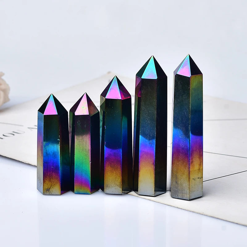 1PC Natural Aura Obsidian Crystal Point Electroplating Wand Healing Stone Energy White Quartz Home Decoration Reiki Tower Gifts
