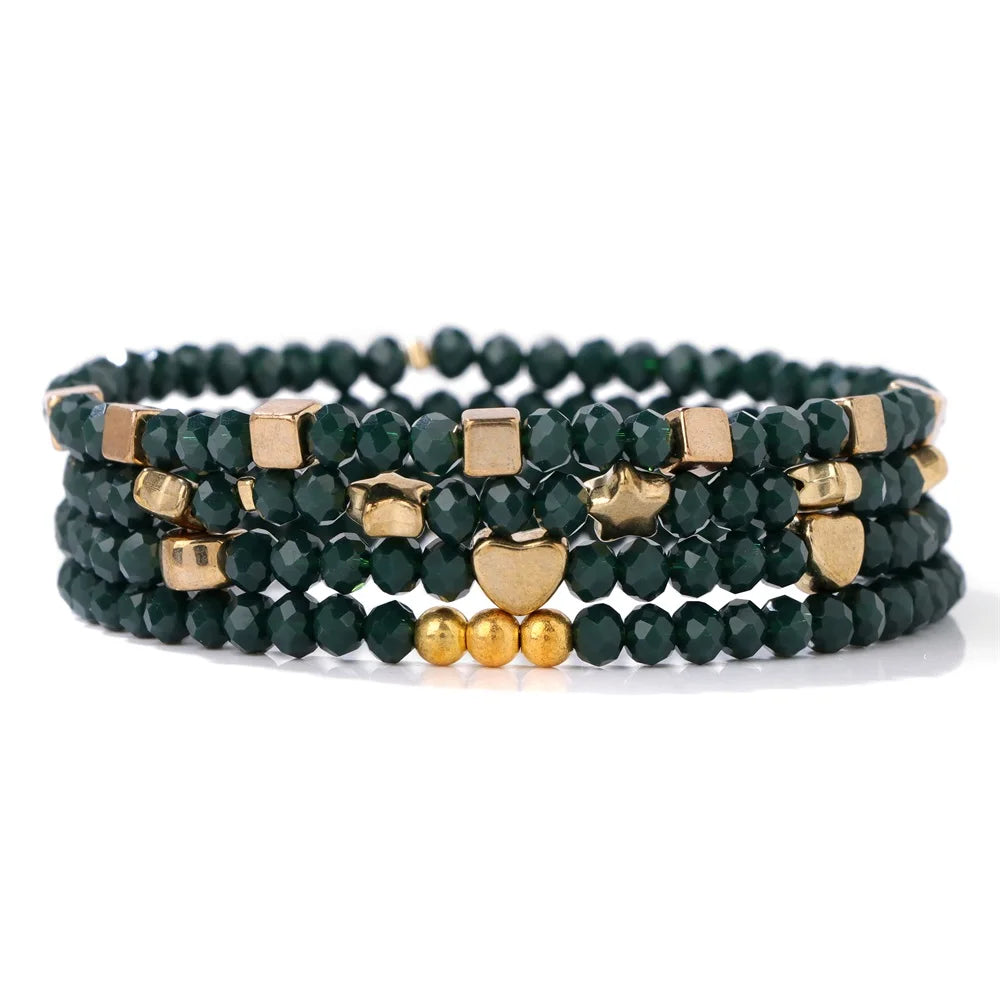 4Pcs/Set Shinning Crystal Beads Elastic Bracelet Bohemian Faceted Colorful Crystal Glass Beaded Bracelet Bangles Set for Women