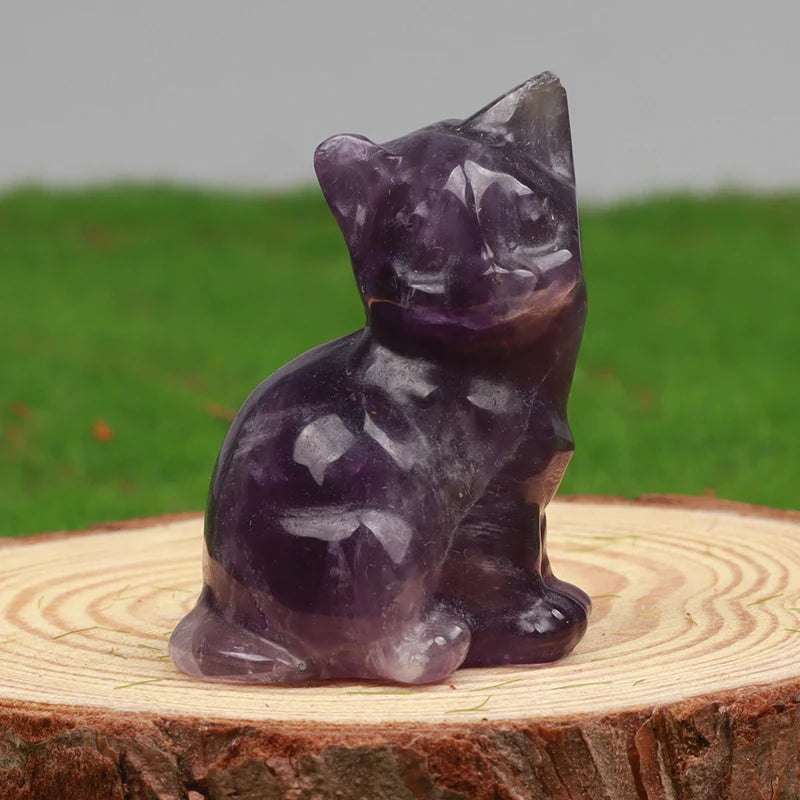 Hand Carved Crystal Cat Animal Figurine, Natural Stone, Amethyst, Mini Animal Kitty Statue, Craft Chakra Meditation Decor