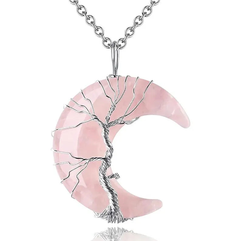 Tree of Life Necklace Wire Wrapped Crescent Moon Stone Pendant Necklaces 7 Chakra Healing Crystal Necklace for Stress Reduction