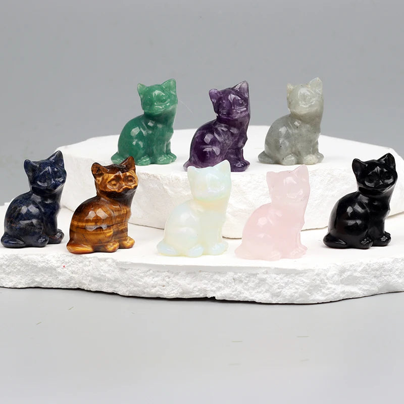 Hand Carved Crystal Cat Animal Figurine, Natural Stone, Amethyst, Mini Animal Kitty Statue, Craft Chakra Meditation Decor