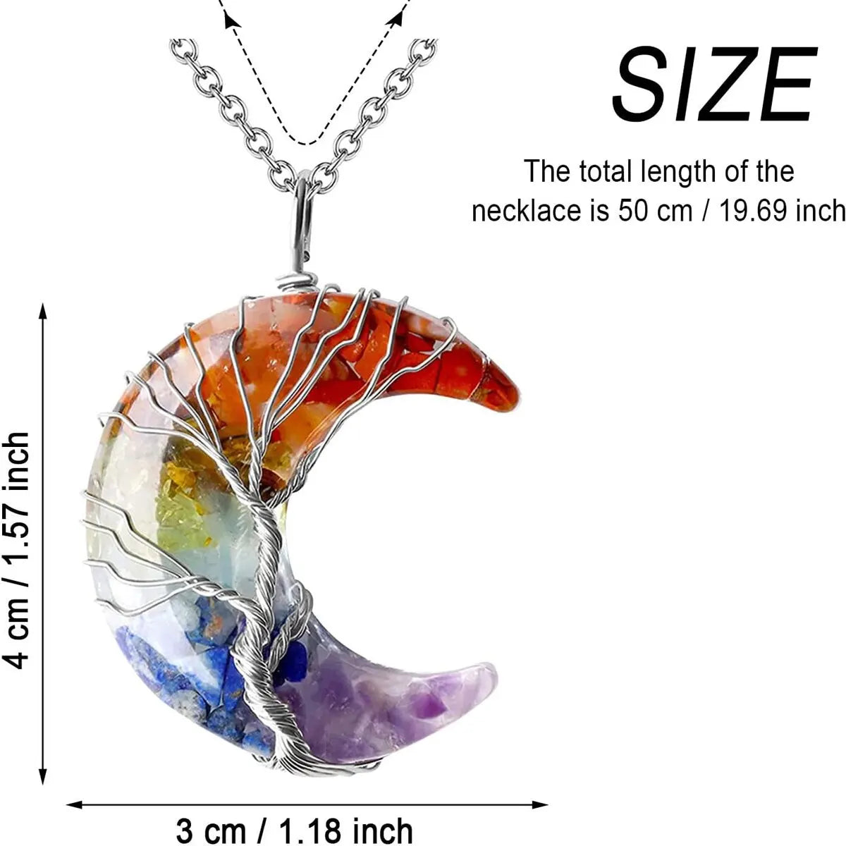 Tree of Life Necklace Wire Wrapped Crescent Moon Stone Pendant Necklaces 7 Chakra Healing Crystal Necklace for Stress Reduction