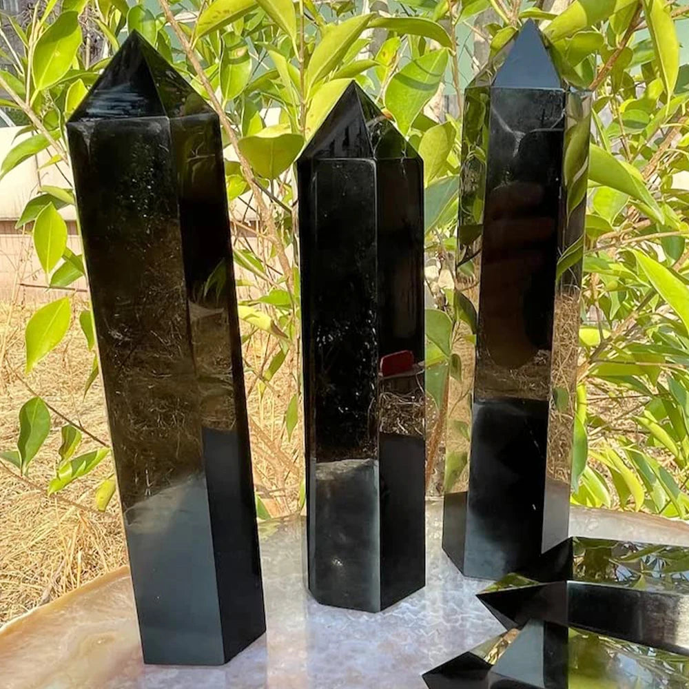 15Cm Natural Obsidian Single Pointed Hexagonal Prism Crystal Point Wand Tower Pillar Home Decoration Gift Stones Crafts Ornament