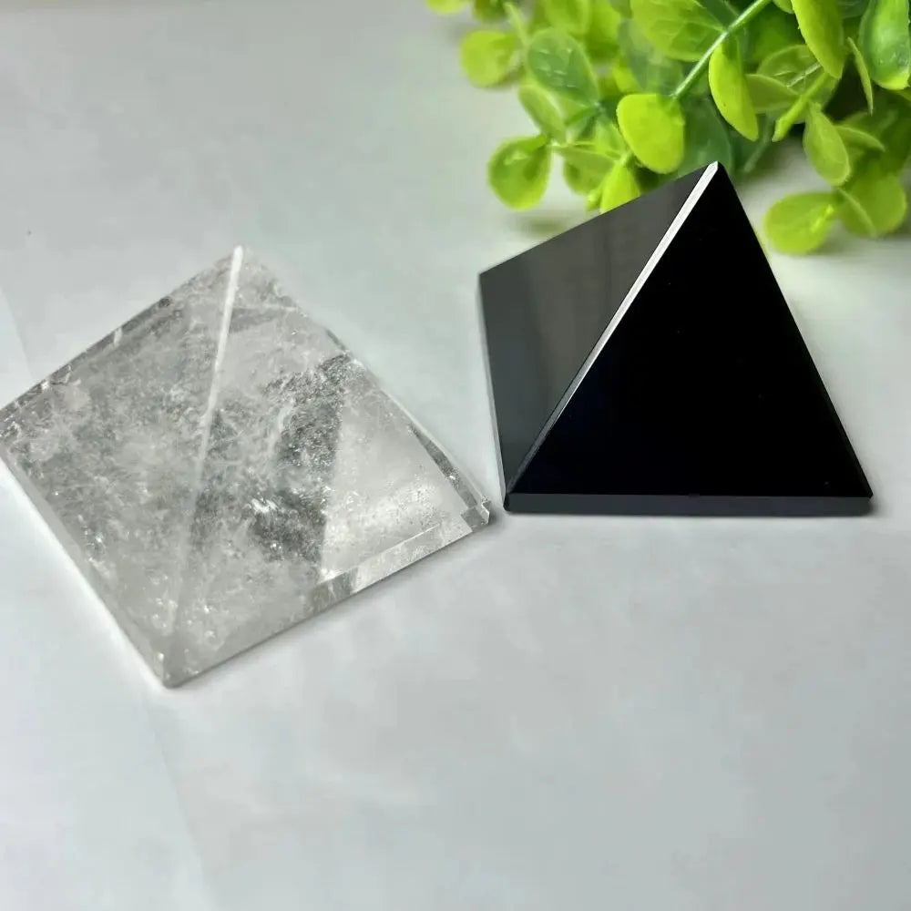 3-4CM Natural White Crystal & Obsidian Pyramid Reiki Healing Handmade Polished Gemstone Clear Quartz Pyramid Home Decor Gift