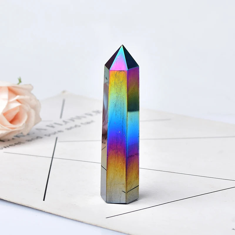 1PC Natural Aura Obsidian Crystal Point Electroplating Wand Healing Stone Energy White Quartz Home Decoration Reiki Tower Gifts