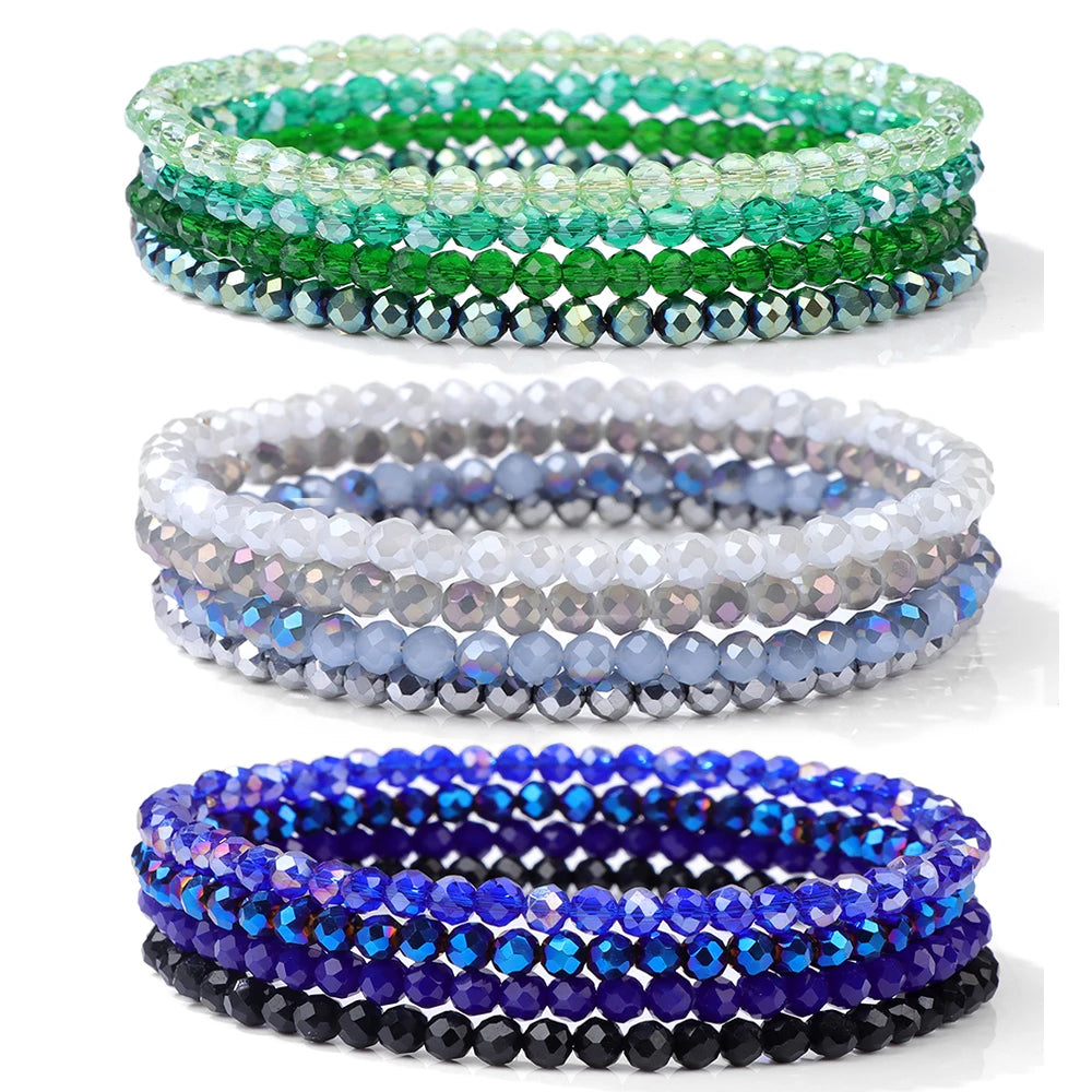 4Pcs/Set Shinning Crystal Beads Elastic Bracelet Bohemian Faceted Colorful Crystal Glass Beaded Bracelet Bangles Set for Women