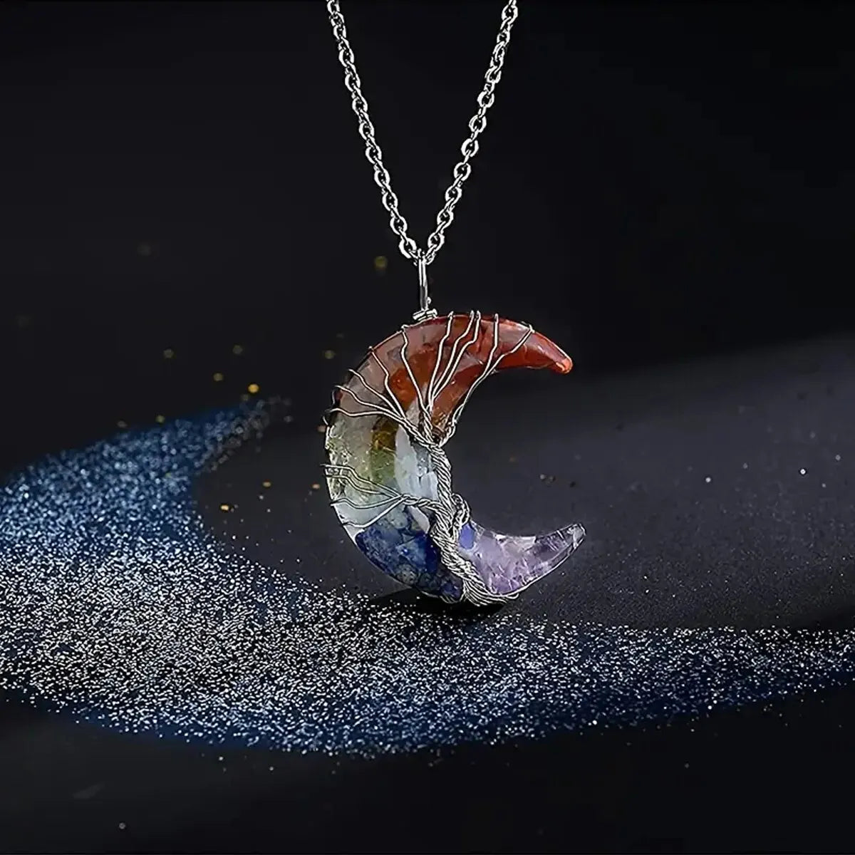 Tree of Life Necklace Wire Wrapped Crescent Moon Stone Pendant Necklaces 7 Chakra Healing Crystal Necklace for Stress Reduction