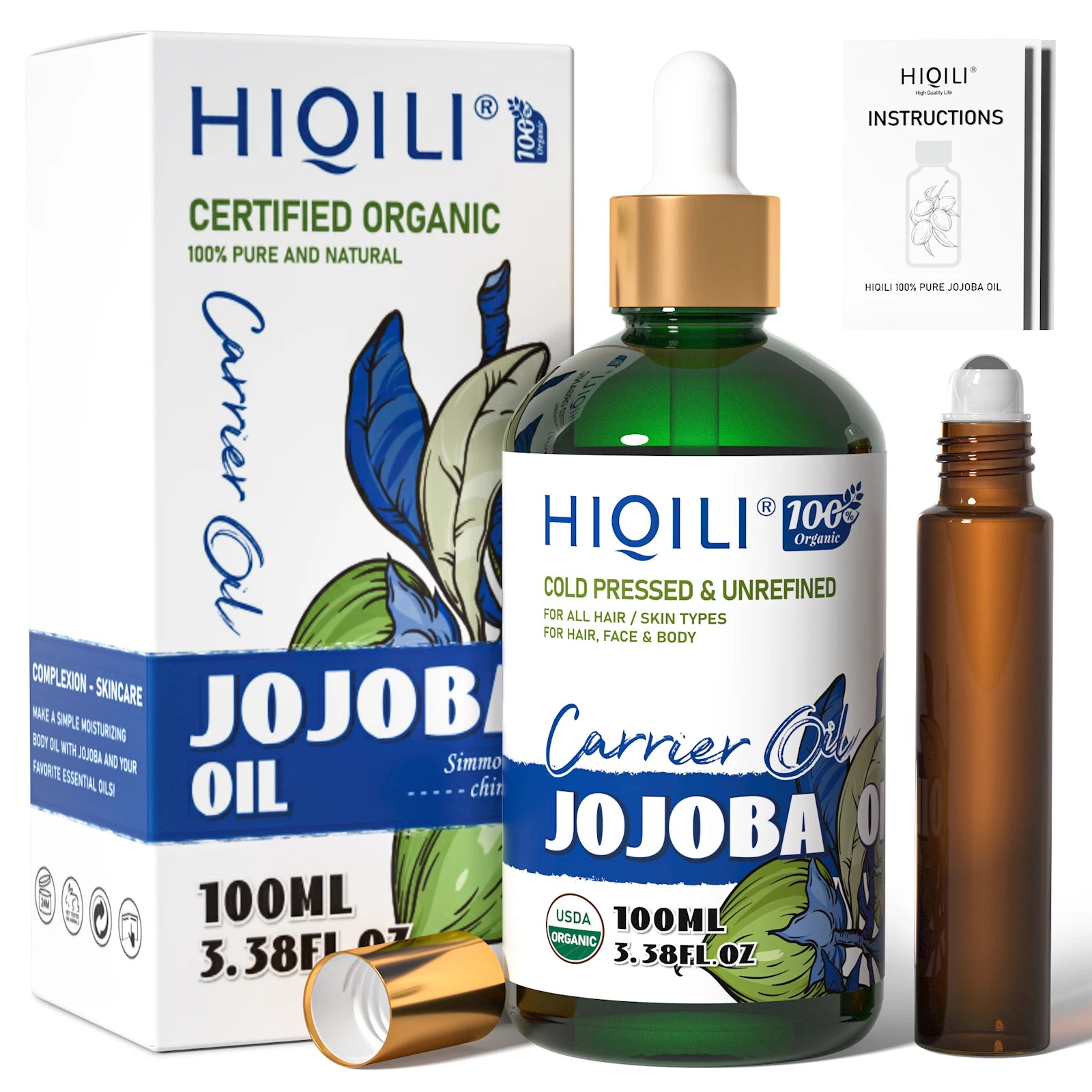 Pure Jojoba Carrier Oil,100Ml Cold Pressed Unrefined Essential Oils for Mixing, Hair Care, Face, Nails, Massage