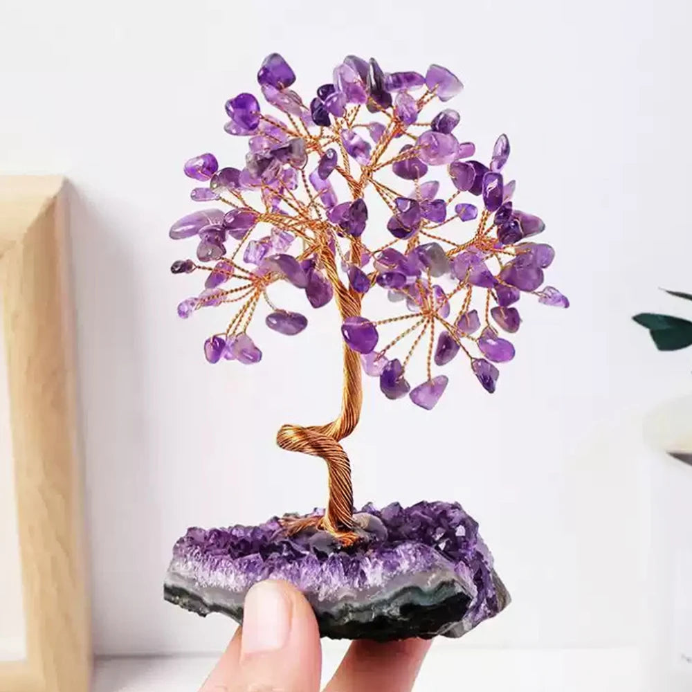 Amethyst Healing Crystals Stones Tree Wire Wrapped on Natural Crystals Gravel with Base Home Desk Living Room Stone Decoration