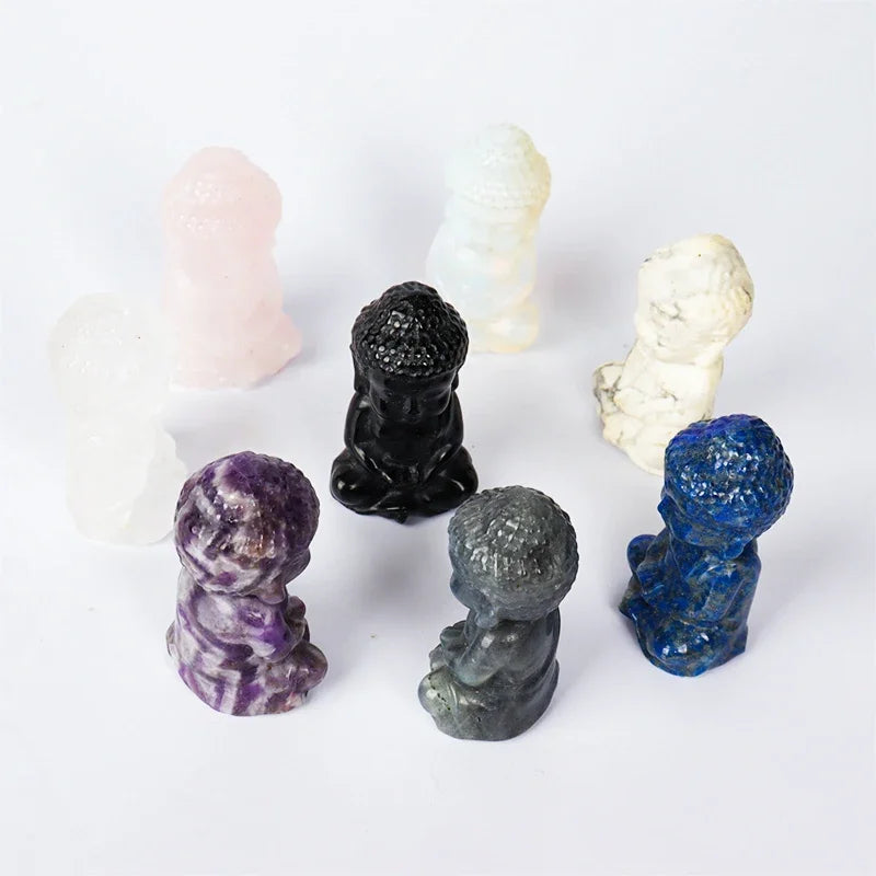 Hand-Carved Bady Buddha Mini Figurine Stone Rose Quartz Crystal Craft Gemstone Statue Healing Feng Shui Religion Home Ornament