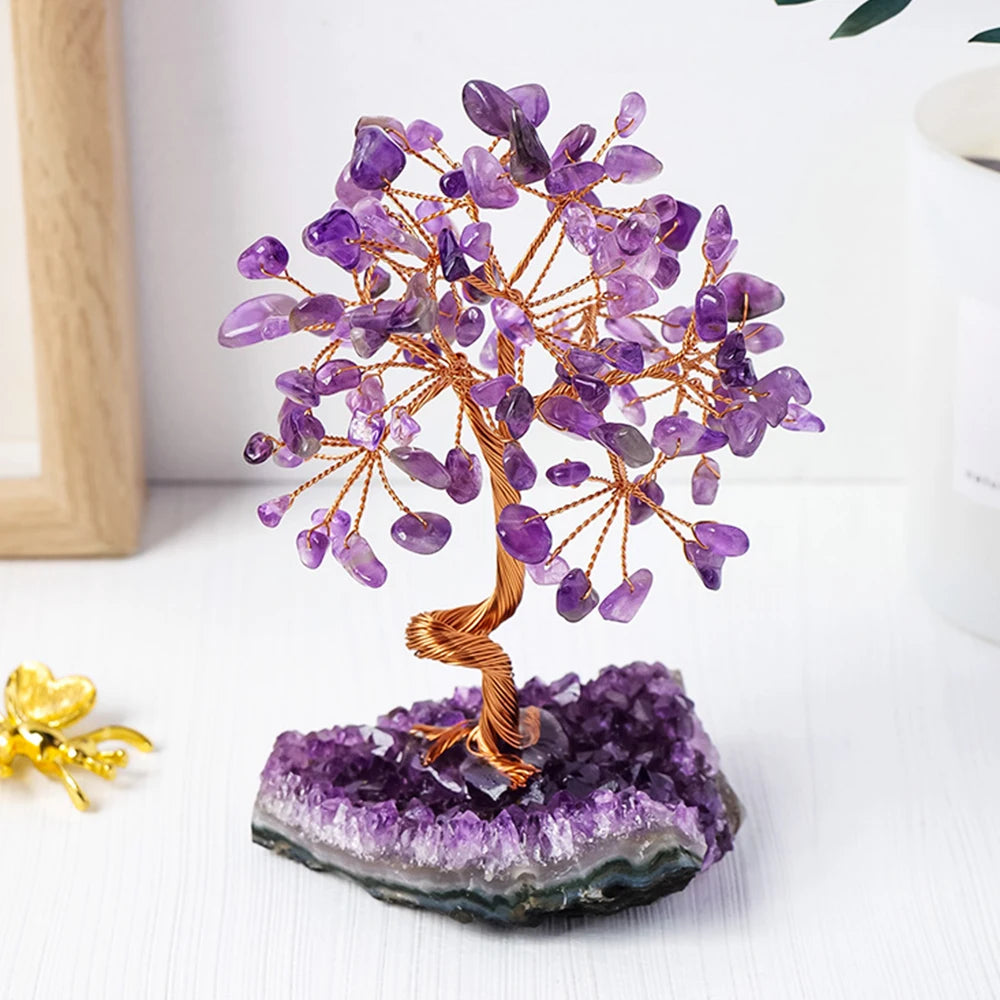 Amethyst Healing Crystals Stones Tree Wire Wrapped on Natural Crystals Gravel with Base Home Desk Living Room Stone Decoration