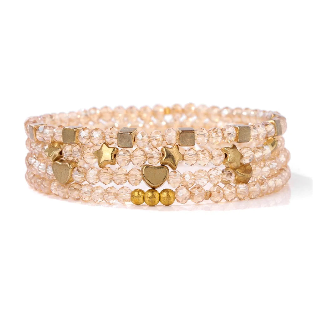 4Pcs/Set Shinning Crystal Beads Elastic Bracelet Bohemian Faceted Colorful Crystal Glass Beaded Bracelet Bangles Set for Women