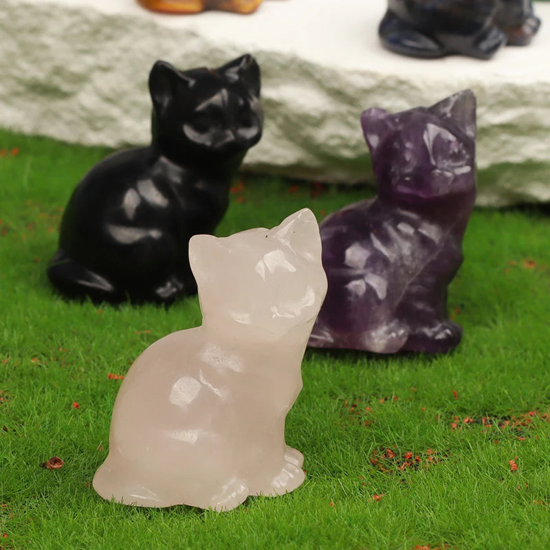 Hand Carved Crystal Cat Animal Figurine, Natural Stone, Amethyst, Mini Animal Kitty Statue, Craft Chakra Meditation Decor
