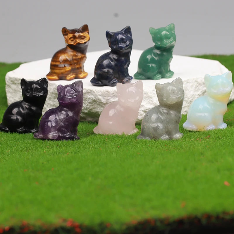 Hand Carved Crystal Cat Animal Figurine, Natural Stone, Amethyst, Mini Animal Kitty Statue, Craft Chakra Meditation Decor