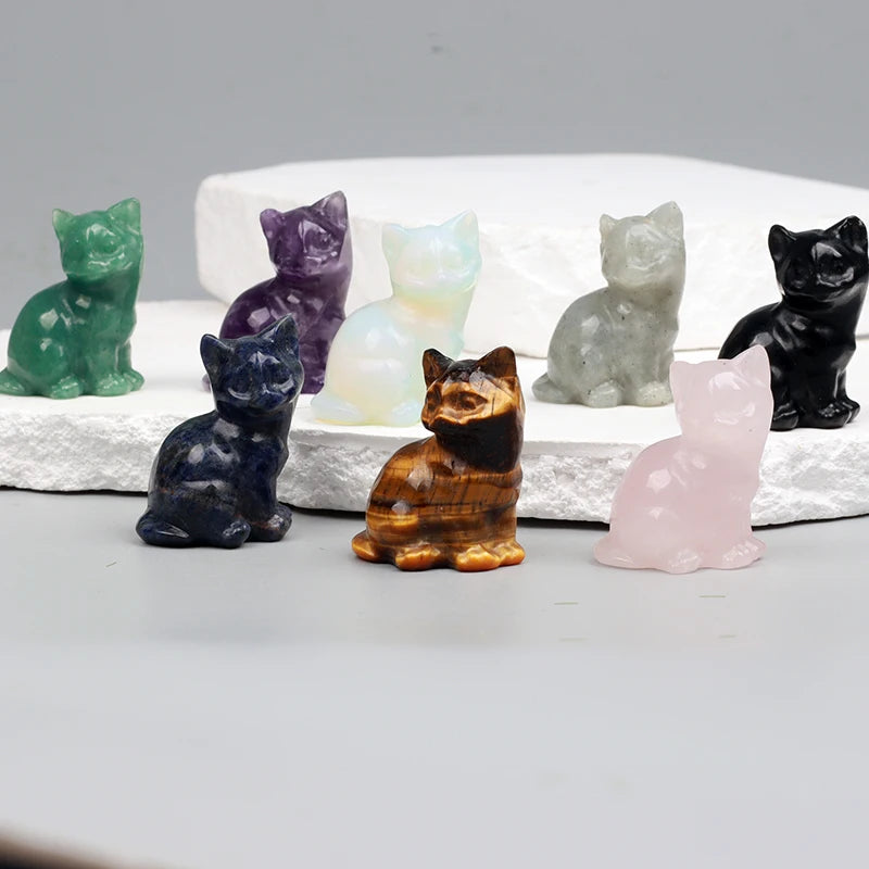 Hand Carved Crystal Cat Animal Figurine, Natural Stone, Amethyst, Mini Animal Kitty Statue, Craft Chakra Meditation Decor