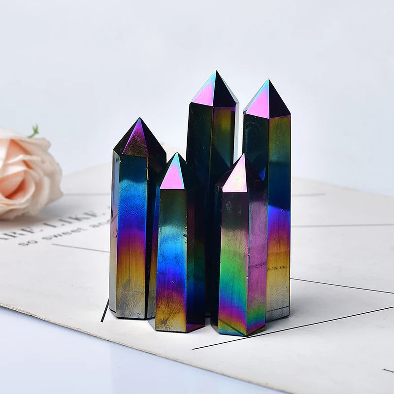 1PC Natural Aura Obsidian Crystal Point Electroplating Wand Healing Stone Energy White Quartz Home Decoration Reiki Tower Gifts