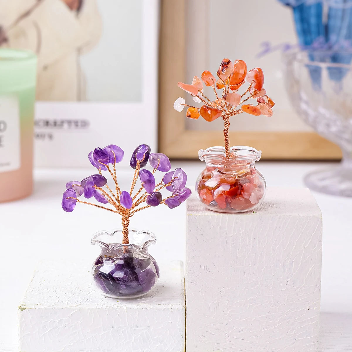1PC Natural Crystal Macadam Small Tree Reiki Healing Feng Shui Crystal Tree Artificial Bonsai Tabletop Ornaments