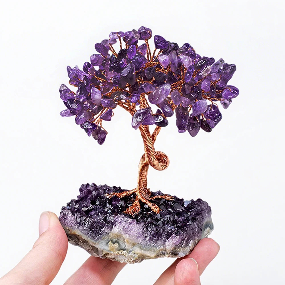 Amethyst Healing Crystals Stones Tree Wire Wrapped on Natural Crystals Gravel with Base Home Desk Living Room Stone Decoration