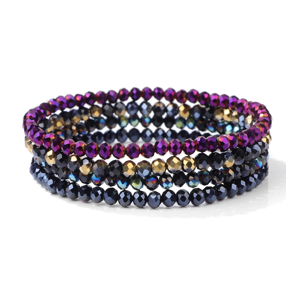 4Pcs/Set Shinning Crystal Beads Elastic Bracelet Bohemian Faceted Colorful Crystal Glass Beaded Bracelet Bangles Set for Women
