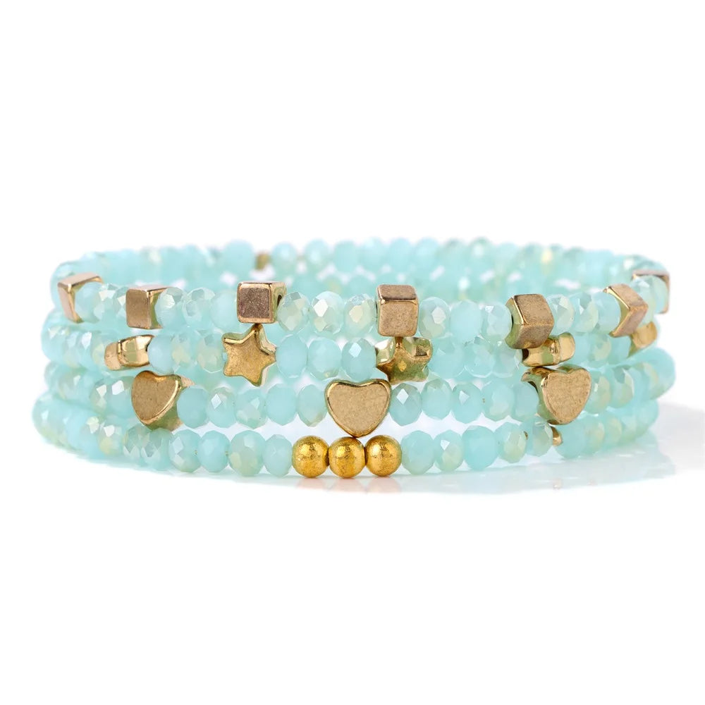 4Pcs/Set Shinning Crystal Beads Elastic Bracelet Bohemian Faceted Colorful Crystal Glass Beaded Bracelet Bangles Set for Women