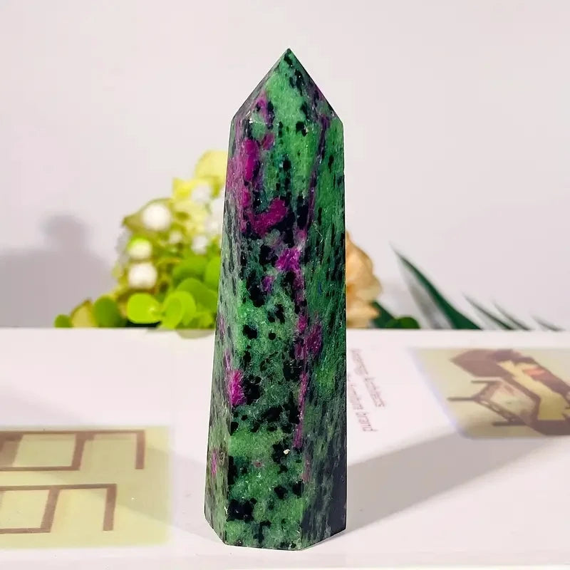 1Pc Natural Crystal Ruby Zoisite Tower 6 Faceted Single Point Tower for Meditation