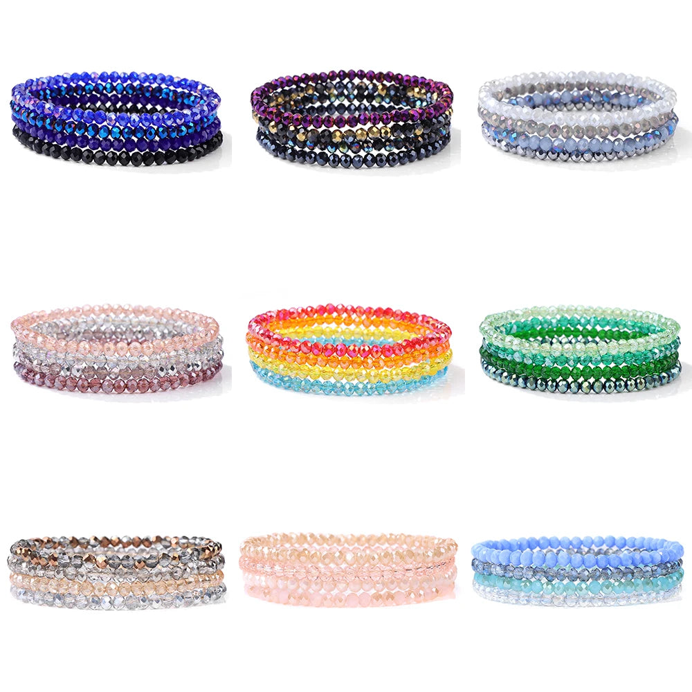 4Pcs/Set Shinning Crystal Beads Elastic Bracelet Bohemian Faceted Colorful Crystal Glass Beaded Bracelet Bangles Set for Women
