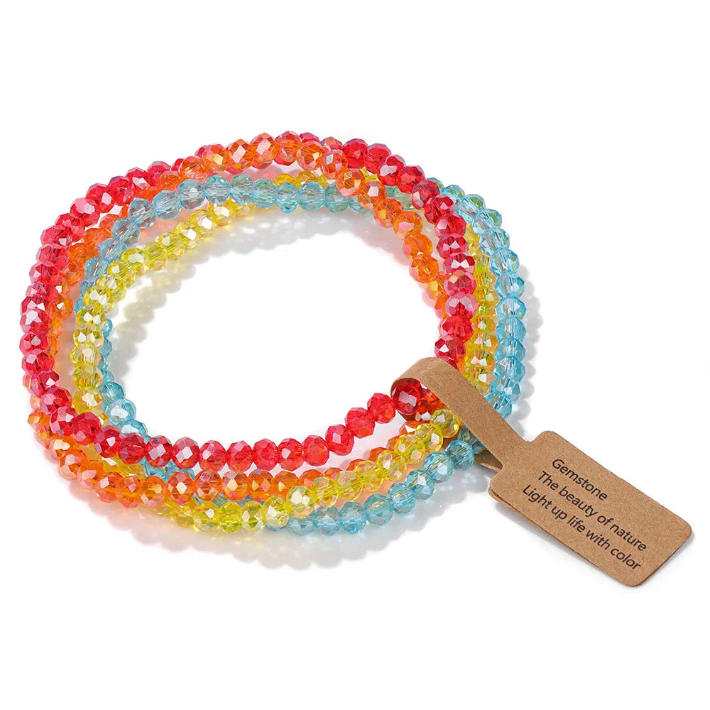 4Pcs/Set Shinning Crystal Beads Elastic Bracelet Bohemian Faceted Colorful Crystal Glass Beaded Bracelet Bangles Set for Women
