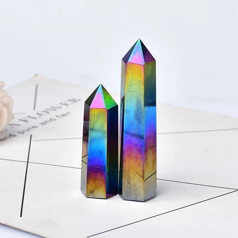 1PC Natural Aura Obsidian Crystal Point Electroplating Wand Healing Stone Energy White Quartz Home Decoration Reiki Tower Gifts