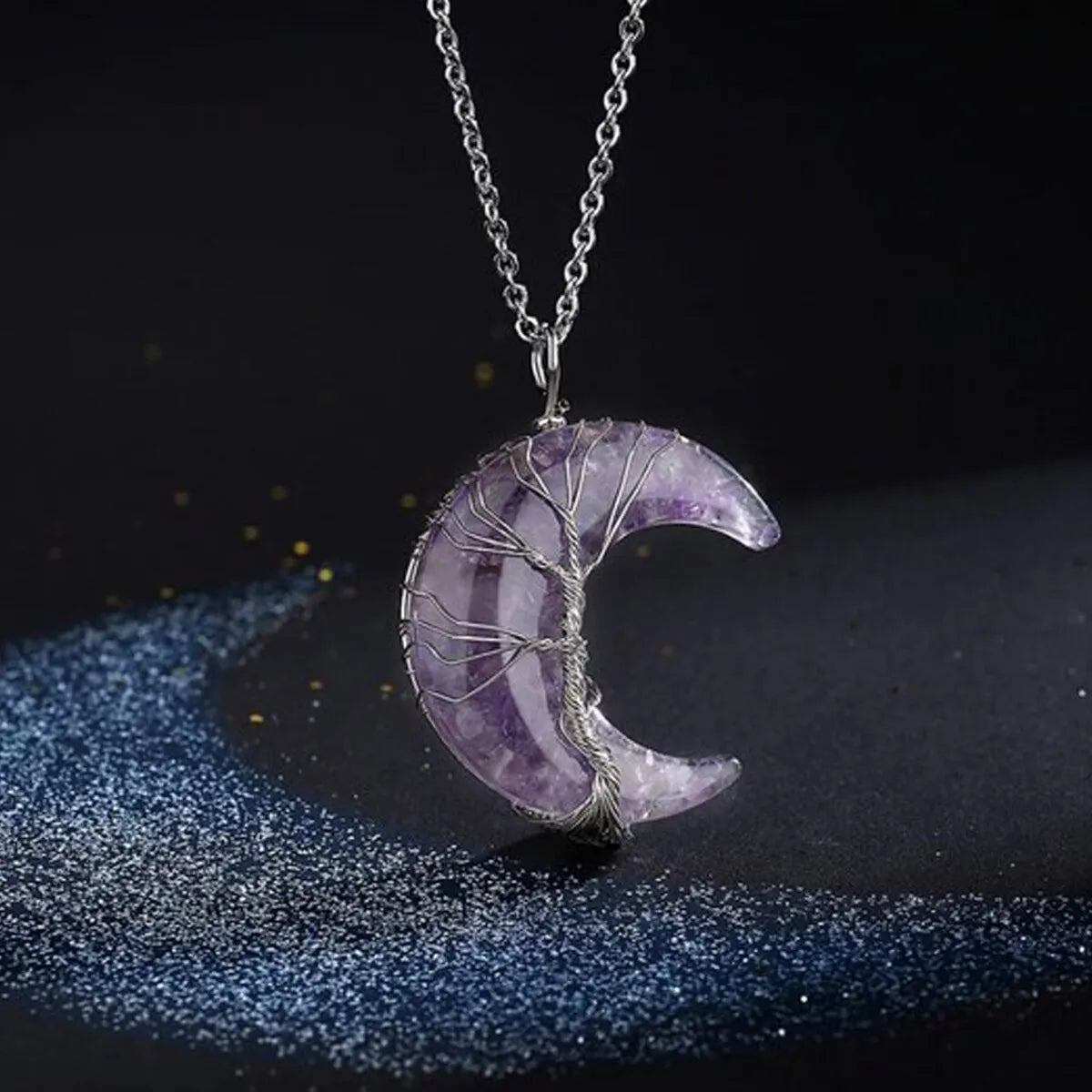 Tree of Life Necklace Wire Wrapped Crescent Moon Stone Pendant Necklaces 7 Chakra Healing Crystal Necklace for Stress Reduction